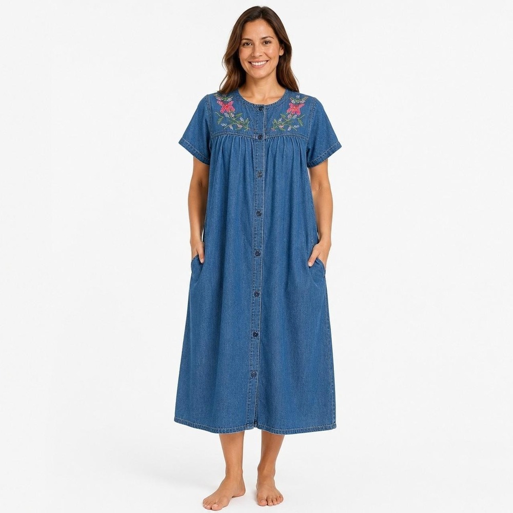 La Cera Dress WOMEN XL Blue Denim Floral Embroidered Button Front House Lounger